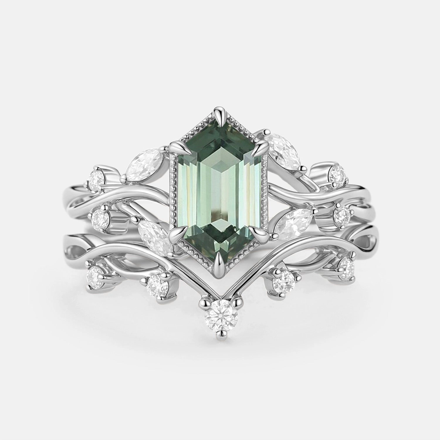 Style Pop Elongated Hexagon Lab Green Sapphire Infinity Engagement Ring Set 2pcs - Elm