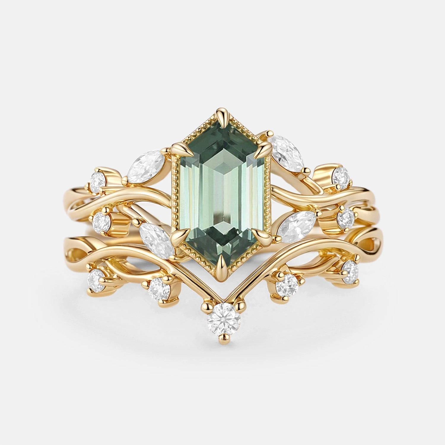 Elongated Hexagon Lab Green Sapphire Infinity Engagement Ring Set 2pcs - Elm Night Appeal