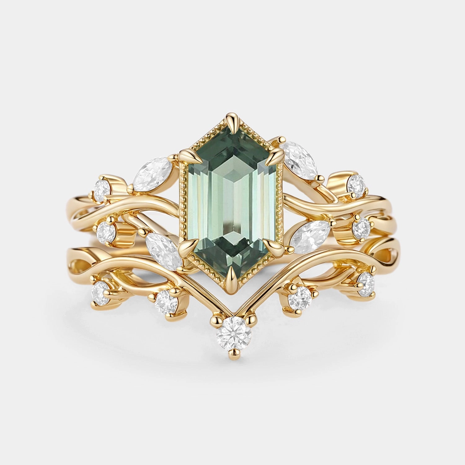 Elegant Look Elongated Hexagon Lab Green Sapphire Infinity Engagement Ring Set 2pcs - Elm