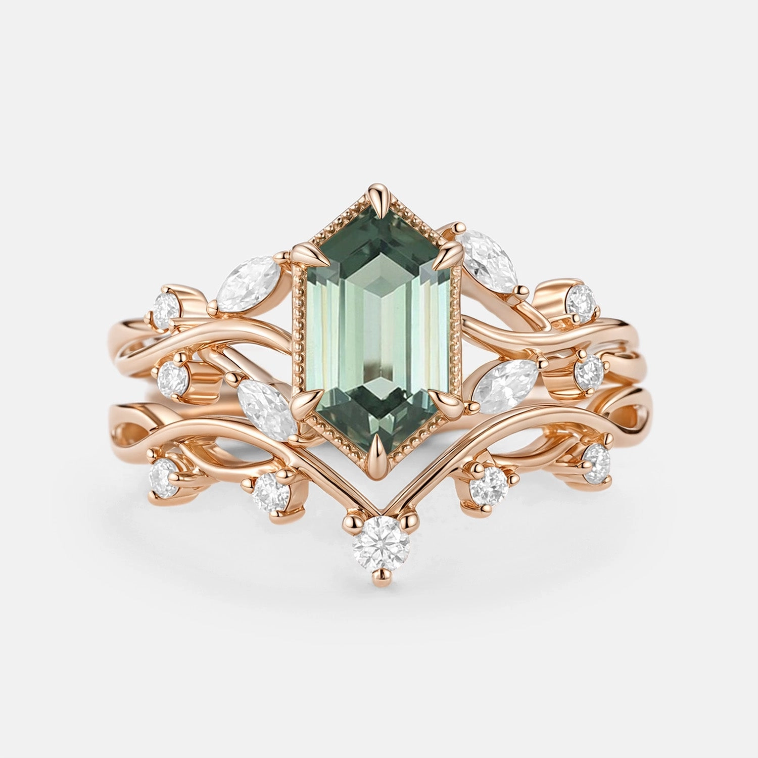 Elongated Hexagon Lab Green Sapphire Infinity Engagement Ring Set 2pcs - Elm Chic Mood