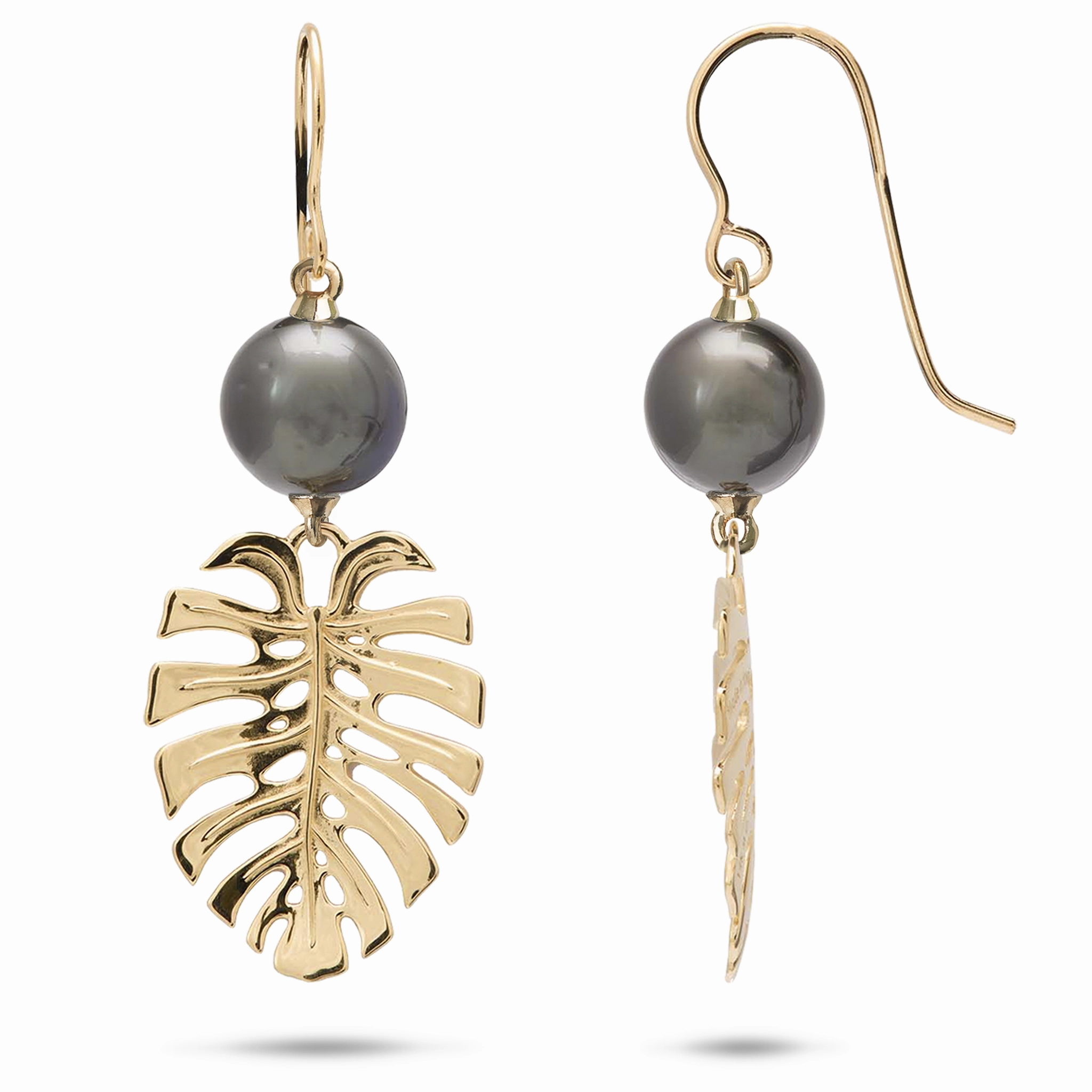 Monstera Tahitian Black Pearl Earrings in Gold - 23mm Circular Adornment