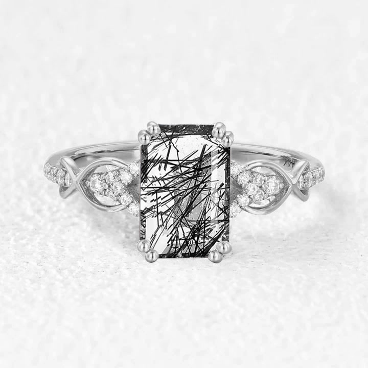 Minimal Form Elegant Shine Finish Emerald Cut Black Rutilated Quartz Infinity Ring