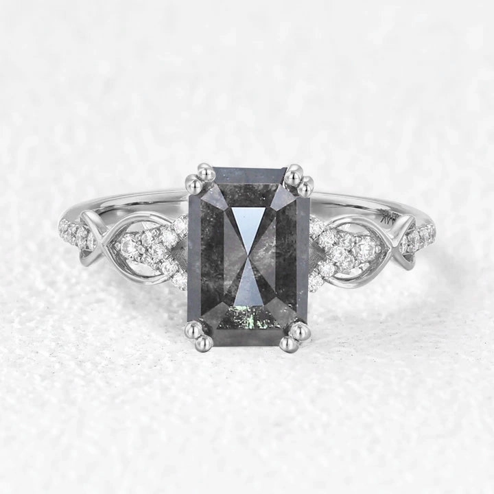 Emerald Cut Black Rutilated Quartz Infinity Ring Luminous Finish