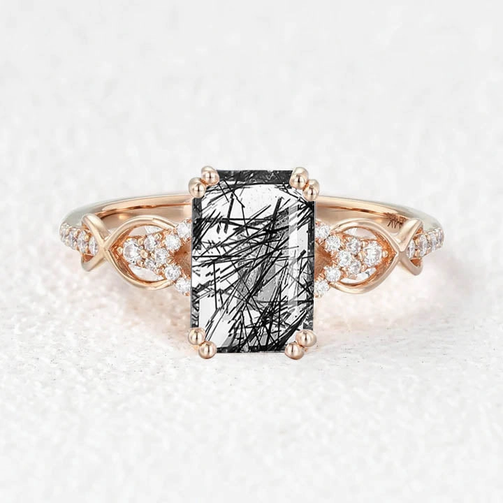 Minimalist Finish Emerald Cut Black Rutilated Quartz Infinity Ring