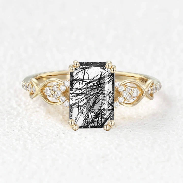 Modern Shape Emerald Cut Black Rutilated Quartz Infinity Ring
