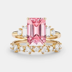 Comfort Style Effortless Fit Emerald Cut Cluster Lab Pink Sapphire Yellow Gold Ring Set 2pcs - Peau