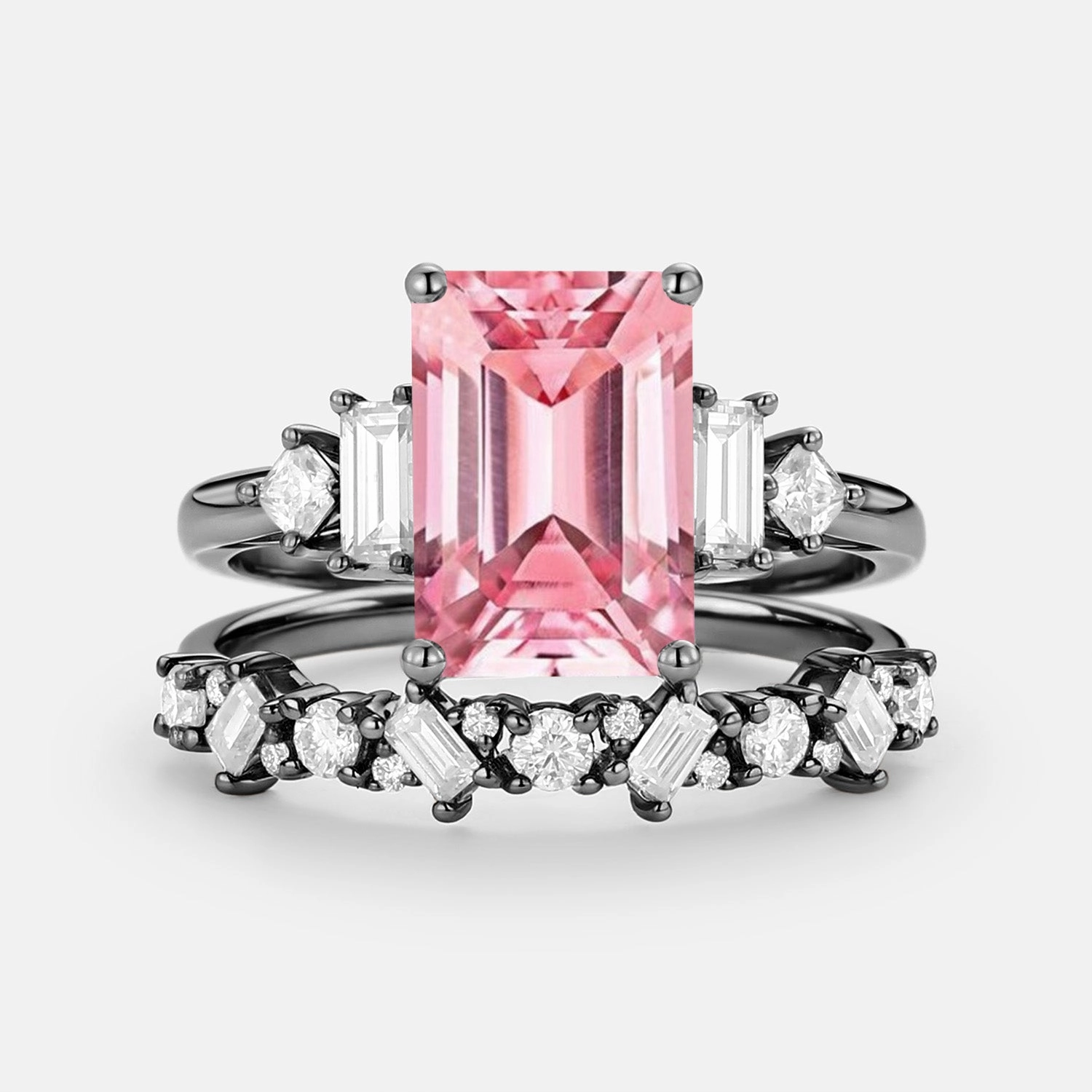 Emerald Cut Cluster Lab Pink Sapphire Yellow Gold Ring Set 2pcs - Peau Charming Gifts