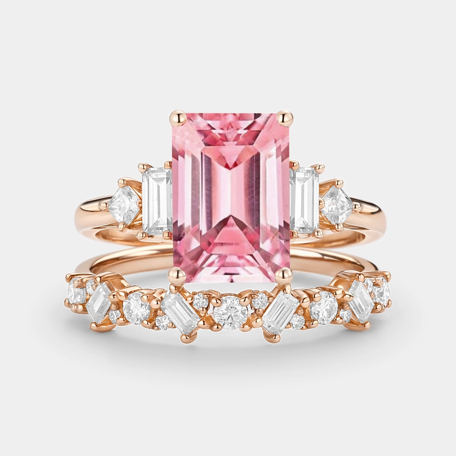 Emerald Cut Cluster Lab Pink Sapphire Yellow Gold Ring Set 2pcs - Peau Classic Pop