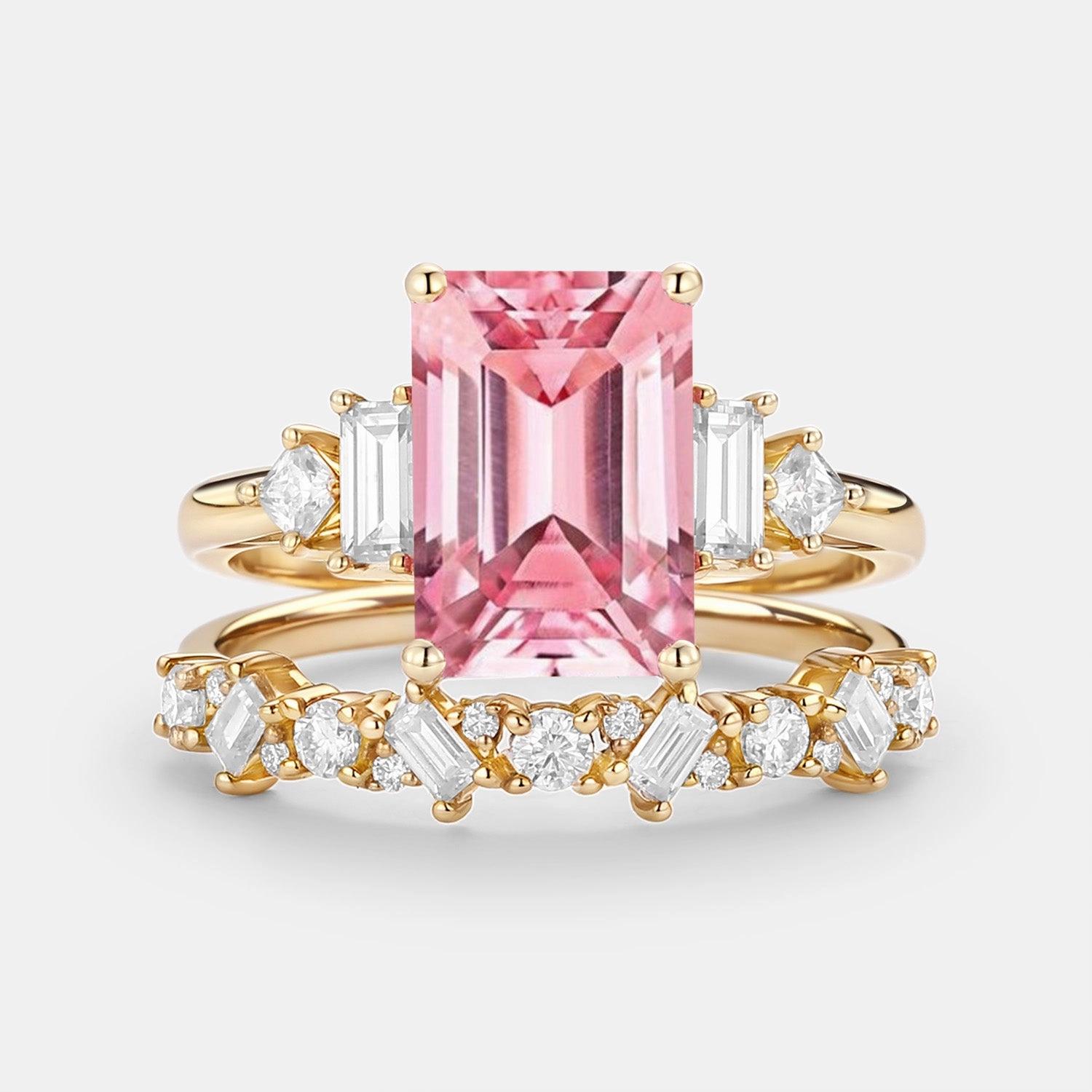 Comfort Style Effortless Fit Emerald Cut Cluster Lab Pink Sapphire Yellow Gold Ring Set 2pcs - Peau