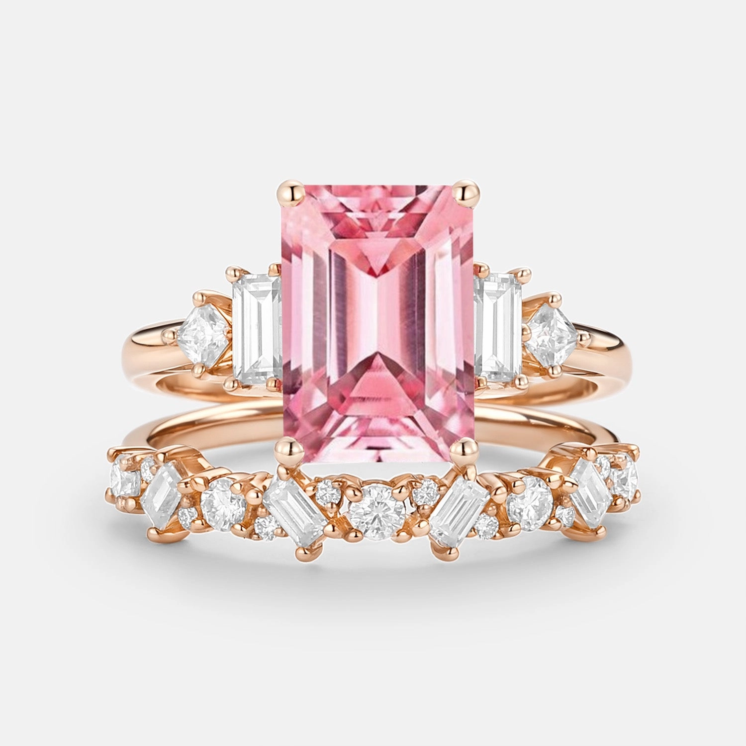 Emerald Cut Cluster Lab Pink Sapphire Yellow Gold Ring Set 2pcs - Peau Lustrous Craft Formal Wear