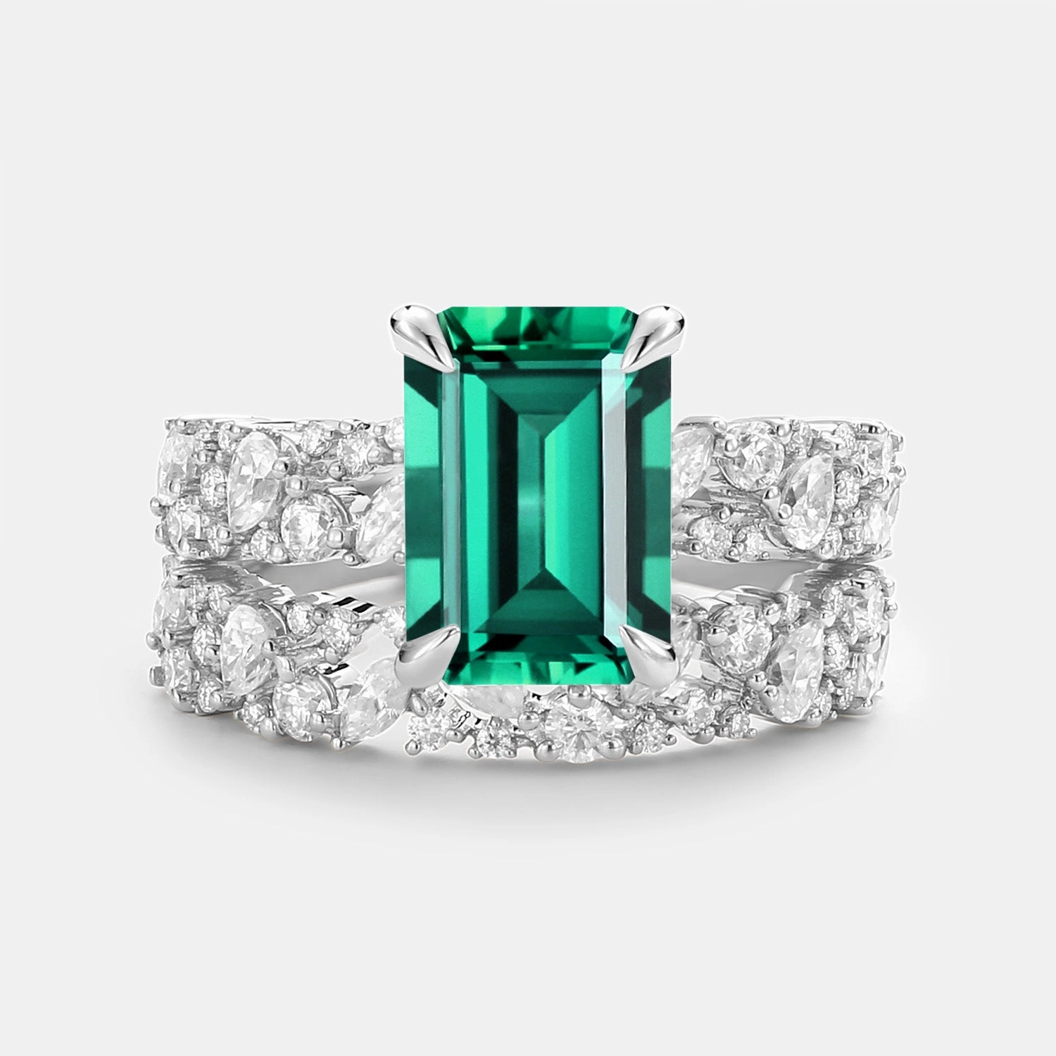 Emerald Cut Cluster Yellow Gold Ring Set 2pcs - Glyph Lux Appeal Elegant Shine Design