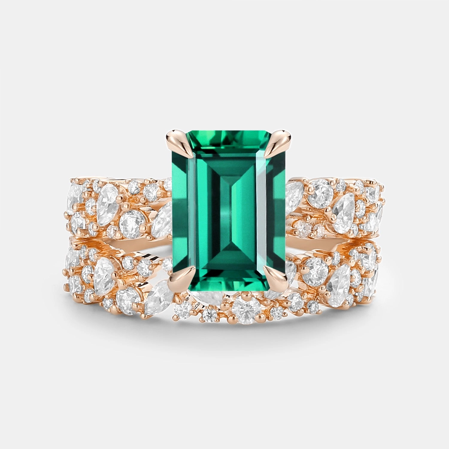 Delicate Edge Emerald Cut Cluster Yellow Gold Ring Set 2pcs - Glyph