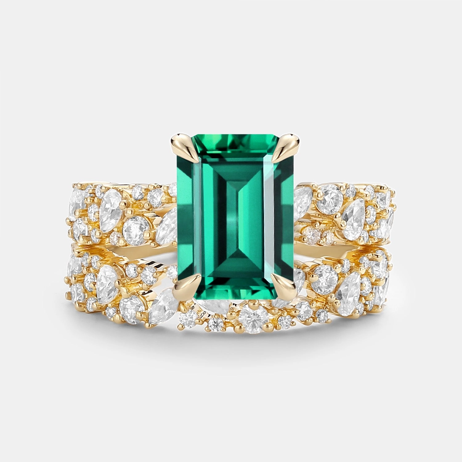 Emerald Cut Cluster Yellow Gold Ring Set 2pcs - Glyph Lifestyle Match