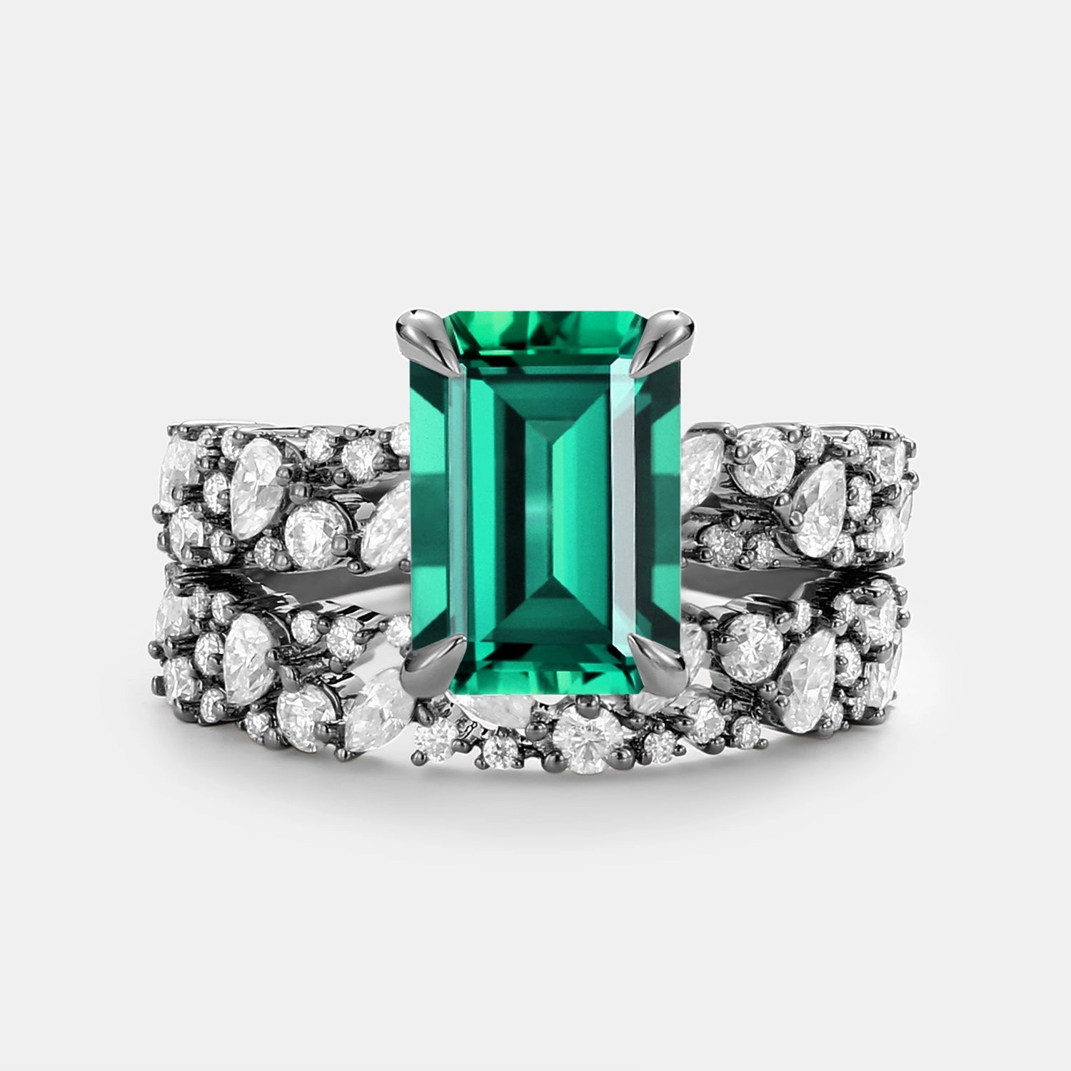 Shiny Stones Emerald Cut Cluster Yellow Gold Ring Set 2pcs - Glyph