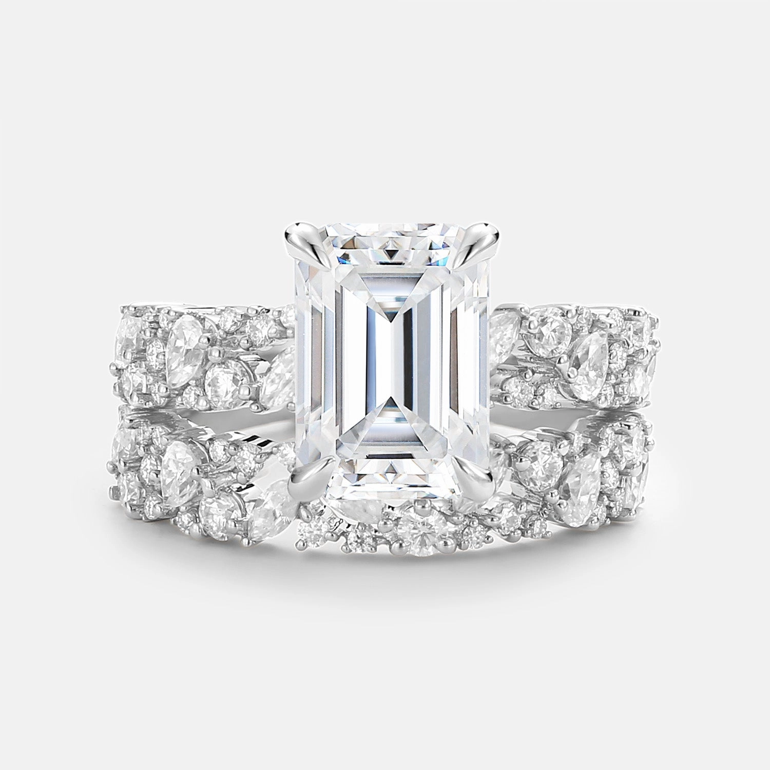 Soft Materials Dramatic Touch Emerald Cut Cluster Yellow Gold Ring Set 2pcs - Glyph