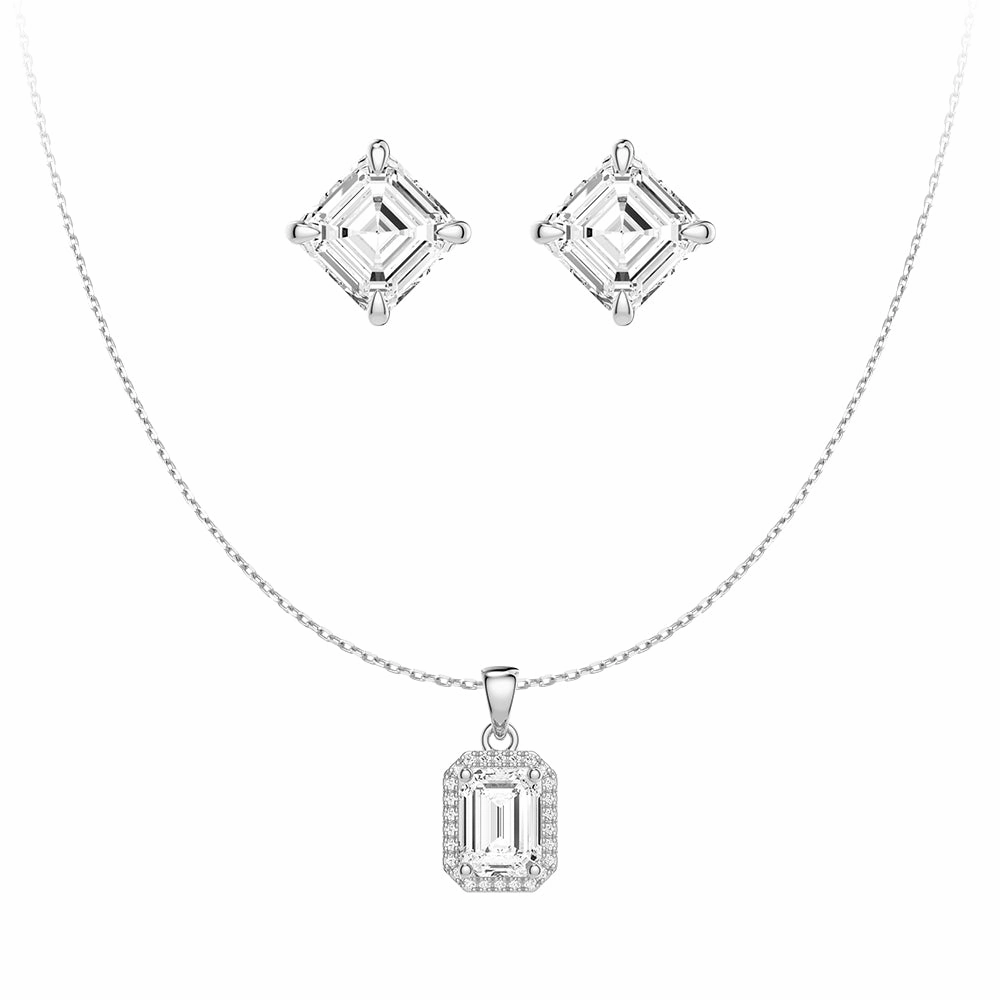 Subtle Form Emerald Cut Diamond Pendant & Asscher Cut Moissanite Stud Earrings Set