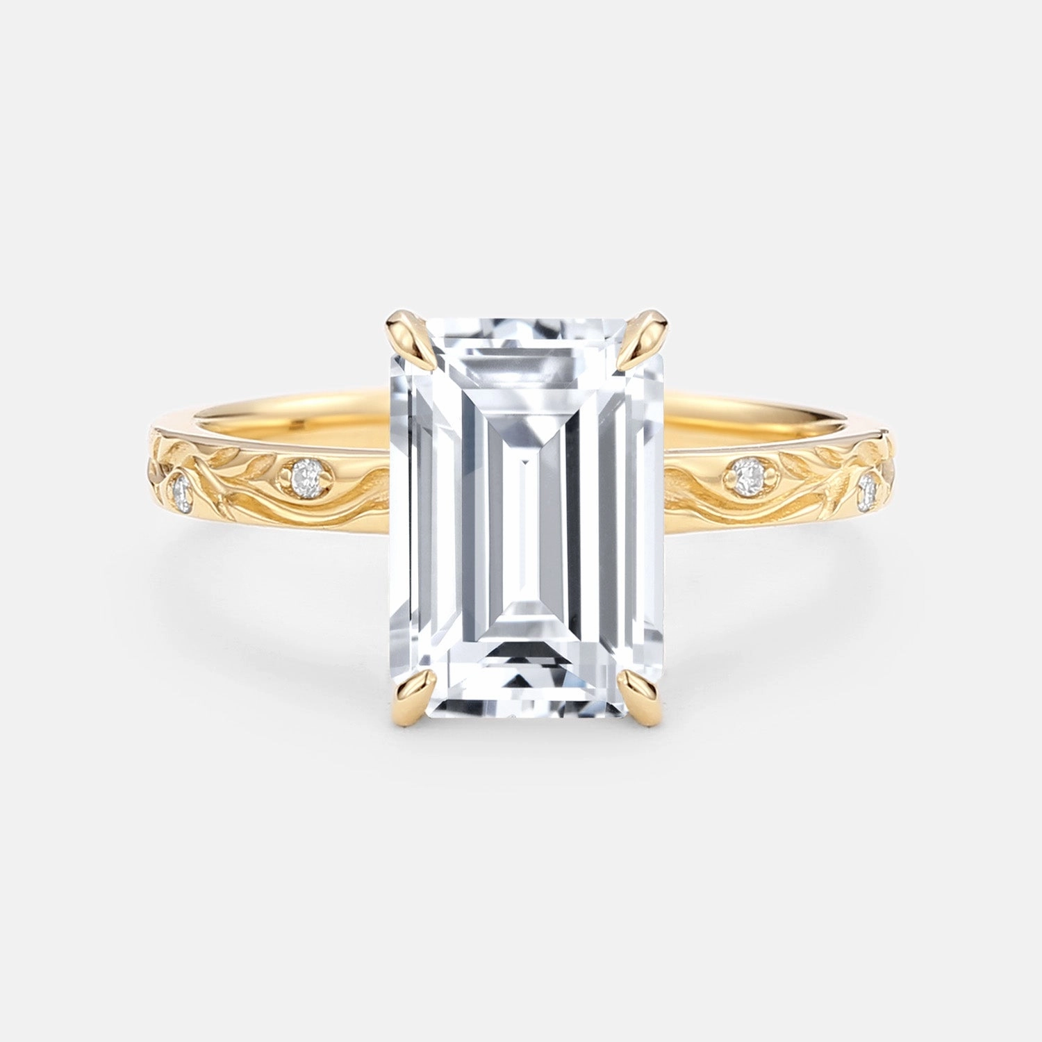 Emerald Cut Engraved Lab Grown Diamond Vintage Engagement Ring - Prism Graceful Detail Effortless Glam