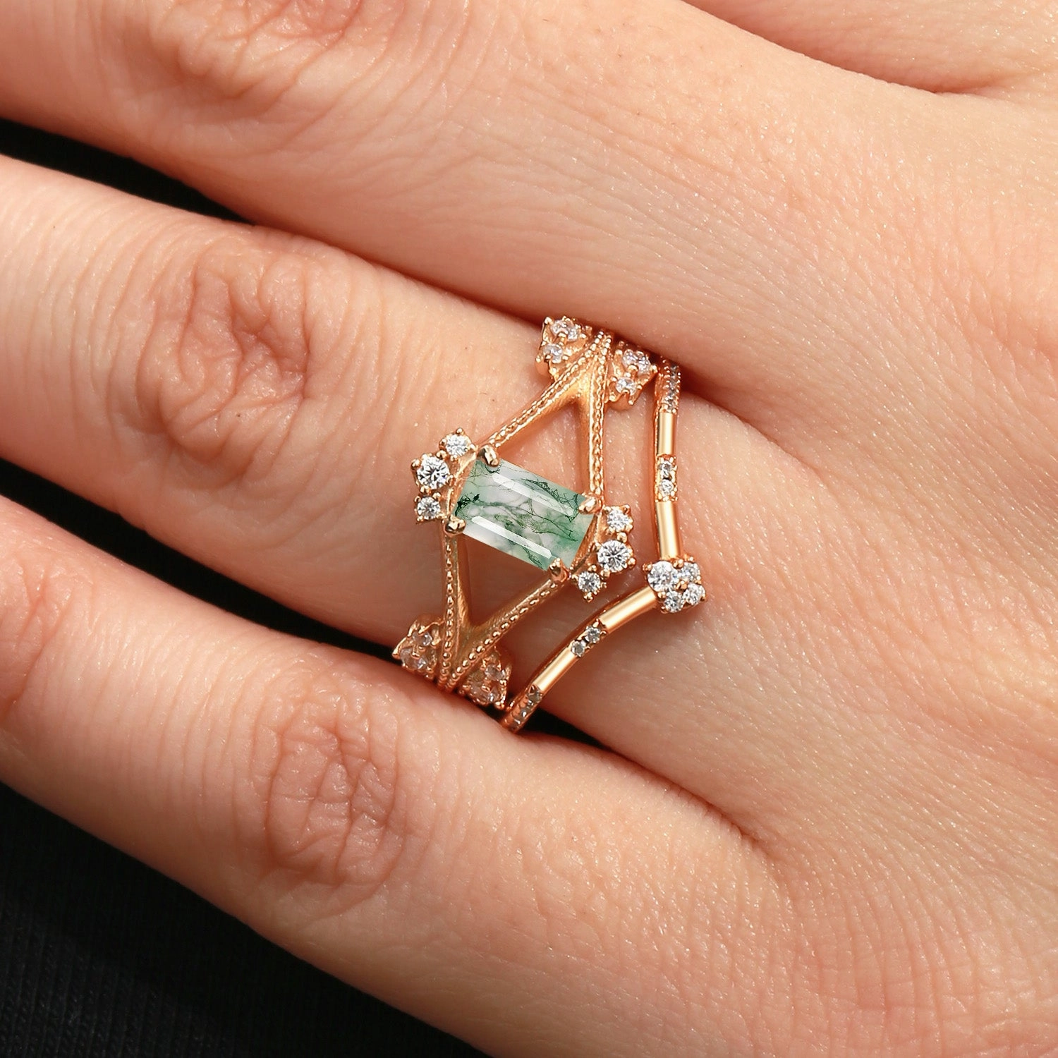 Ornate Design Understated Feature Emerald Cut Green Moss Agate Unique Engagement Ring Set 2PCS