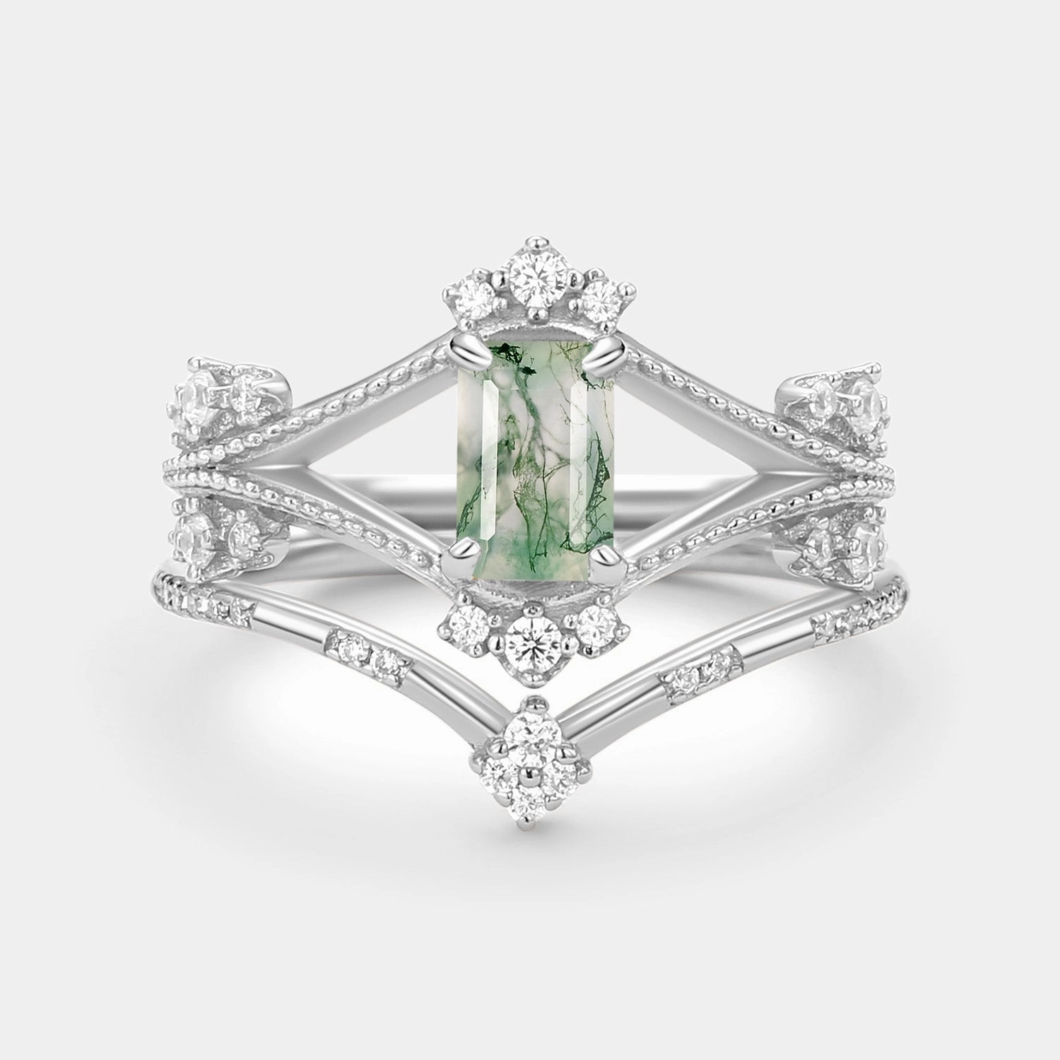 Emerald Cut Green Moss Agate Unique Engagement Ring Set 2PCS Light Pop