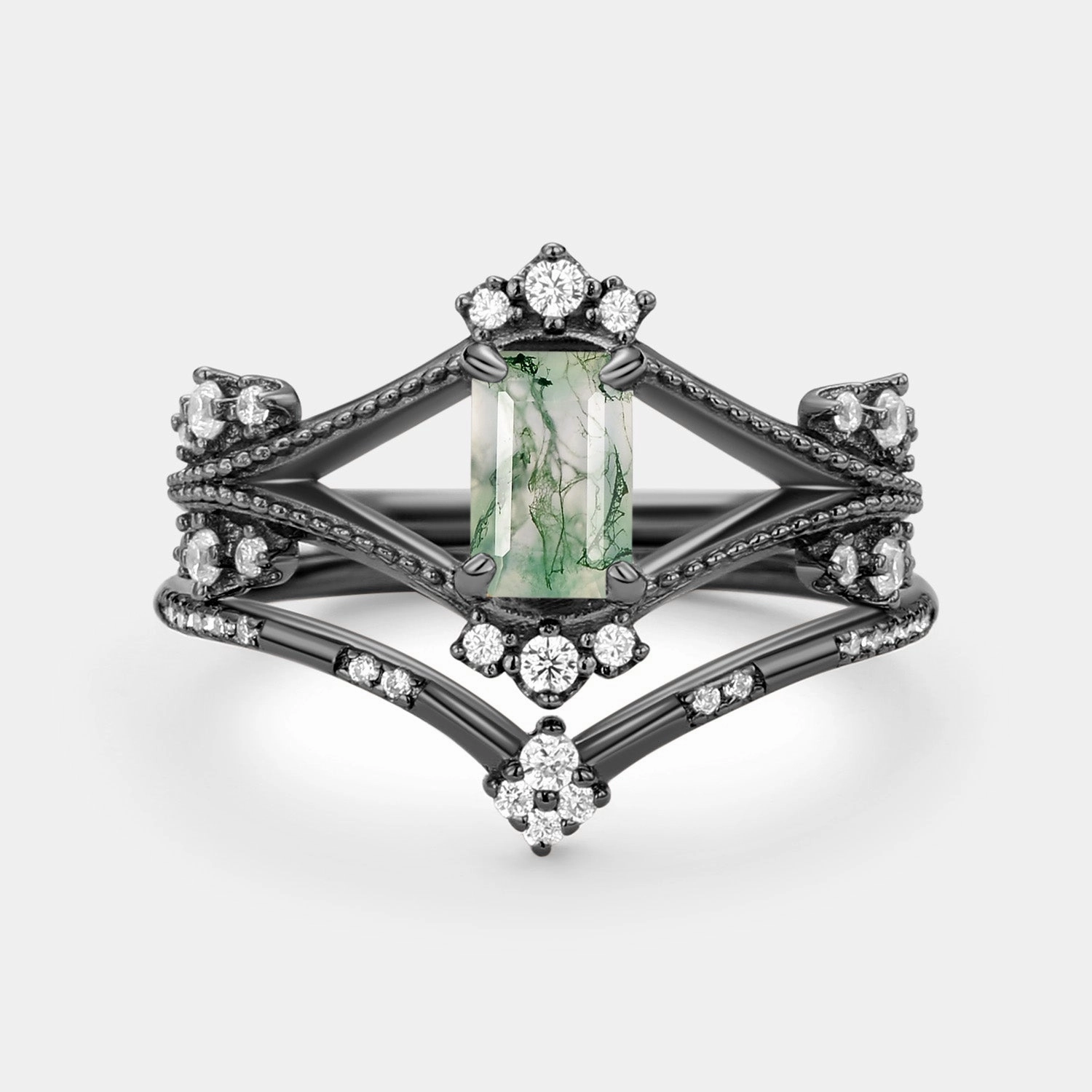 Emerald Cut Green Moss Agate Unique Engagement Ring Set 2PCS Shiny Craft Trendy Finish