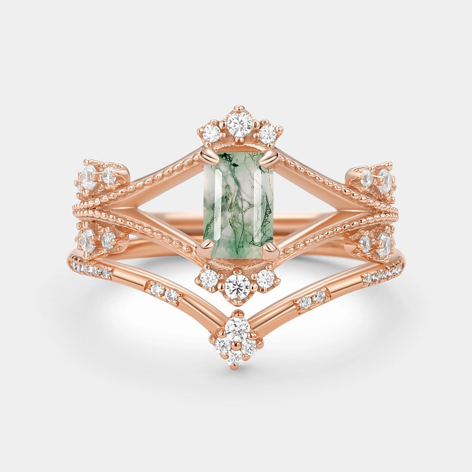 Emerald Cut Green Moss Agate Unique Engagement Ring Set 2PCS Shiny Layer