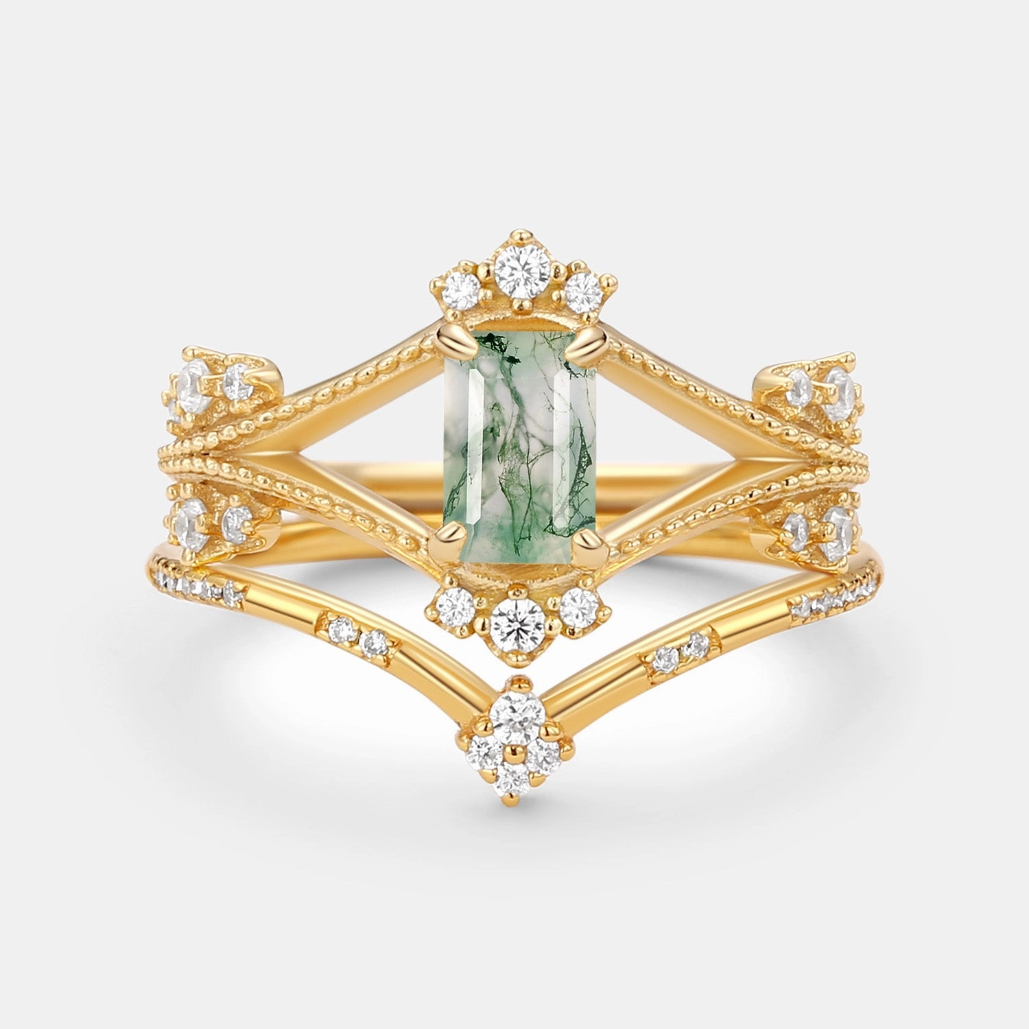 Shine Bright Elegant Shine Emerald Cut Green Moss Agate Unique Engagement Ring Set 2PCS