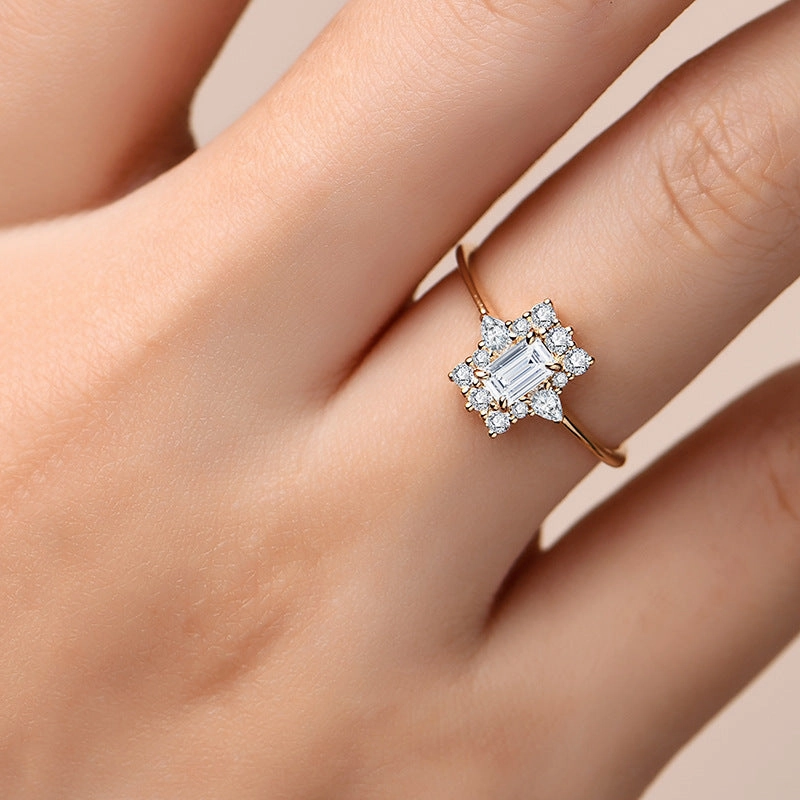 Emerald Cut Halo Engagement Ring | Moissanite | 18K Gold Quick Style Gleaming Detail