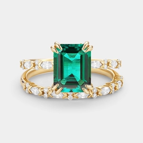 Casual Detail Emerald Cut Lab Emerald Classic Gold Ring Set 2pcs