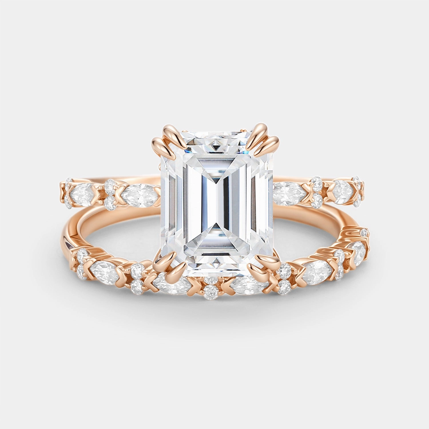 Emerald Cut Lab Emerald Classic Gold Ring Set 2pcs Neutral palette