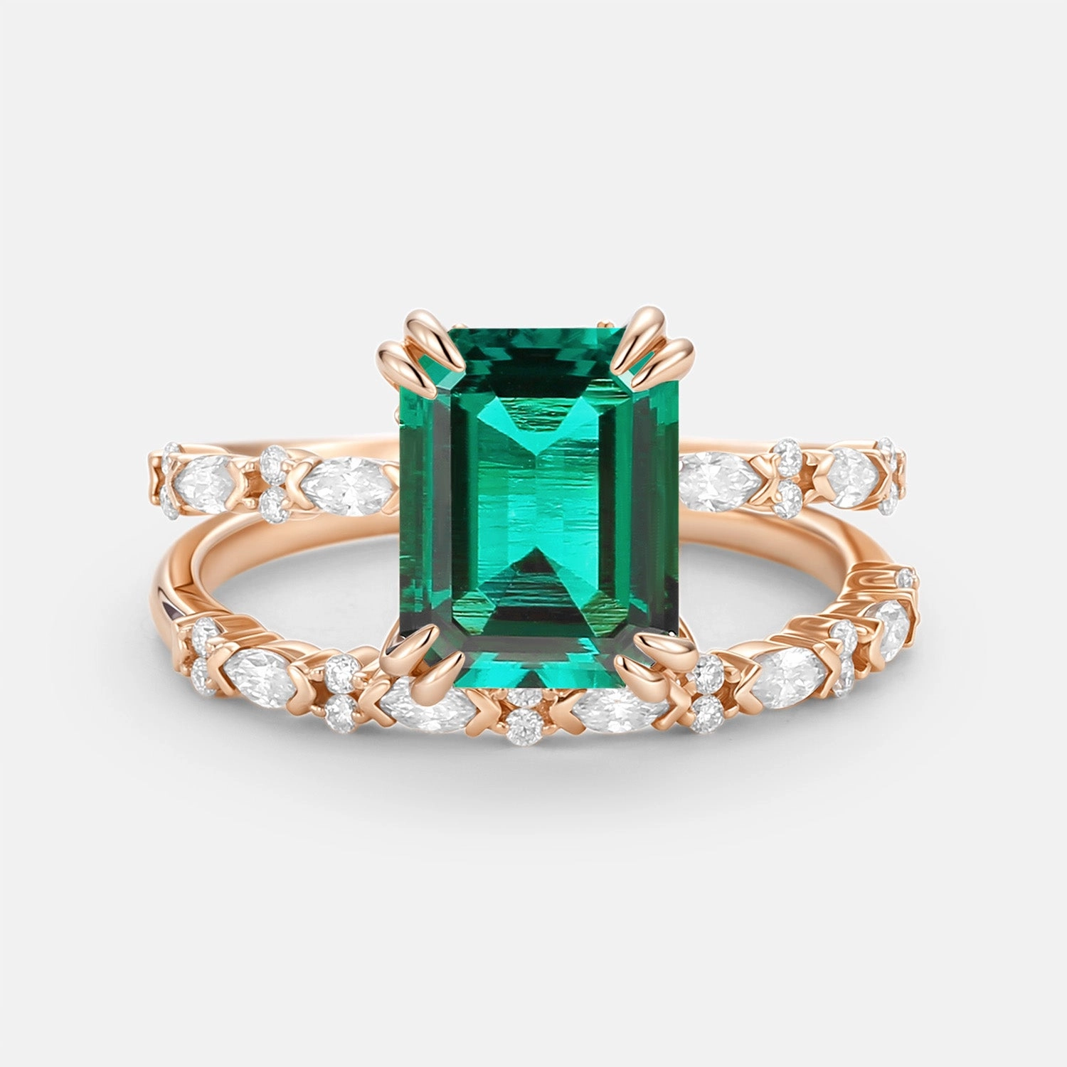 Elite Detail Timeless Flow Emerald Cut Lab Emerald Classic Gold Ring Set 2pcs