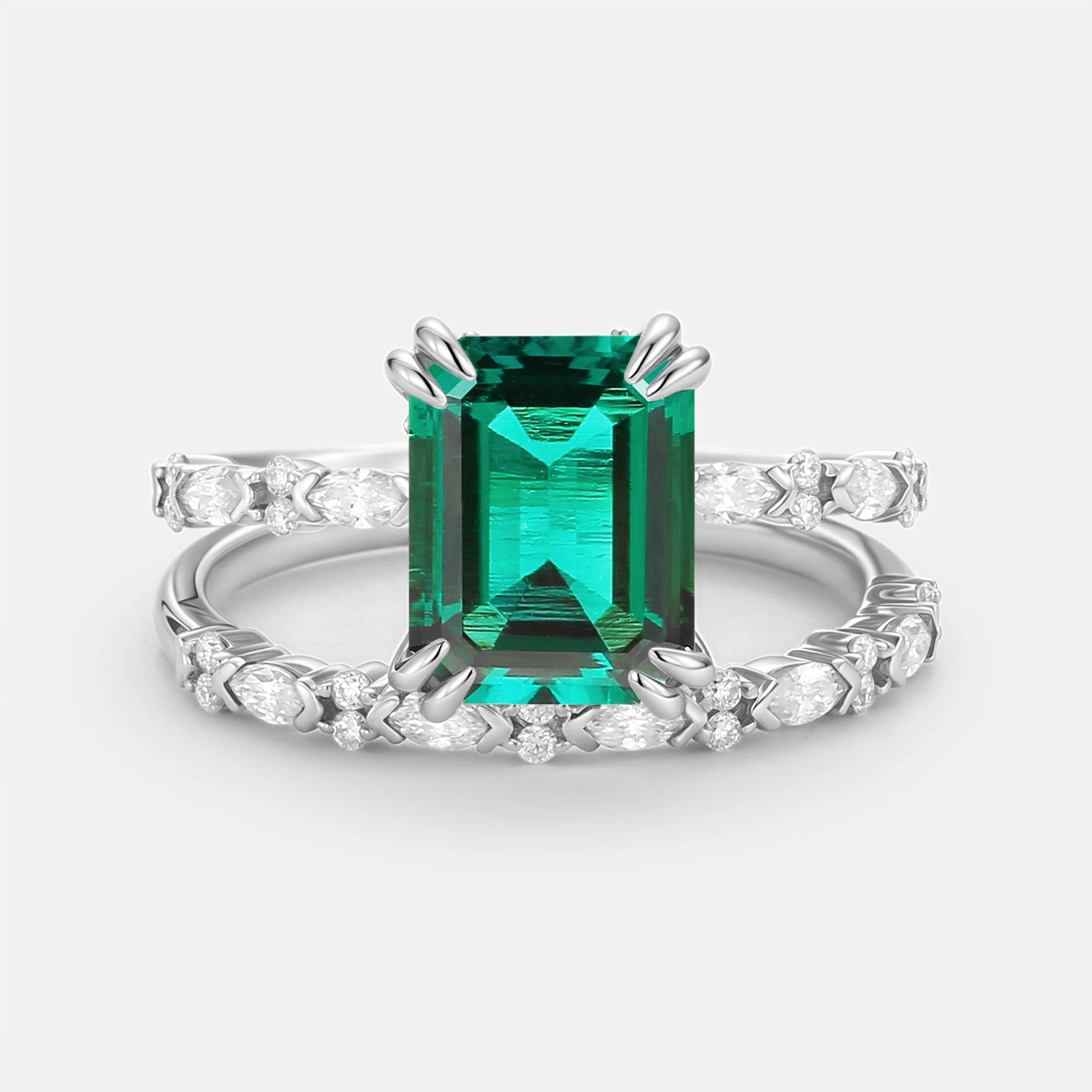 Emerald Cut Lab Emerald Classic Gold Ring Set 2pcs Golden Accent Trendy Spark