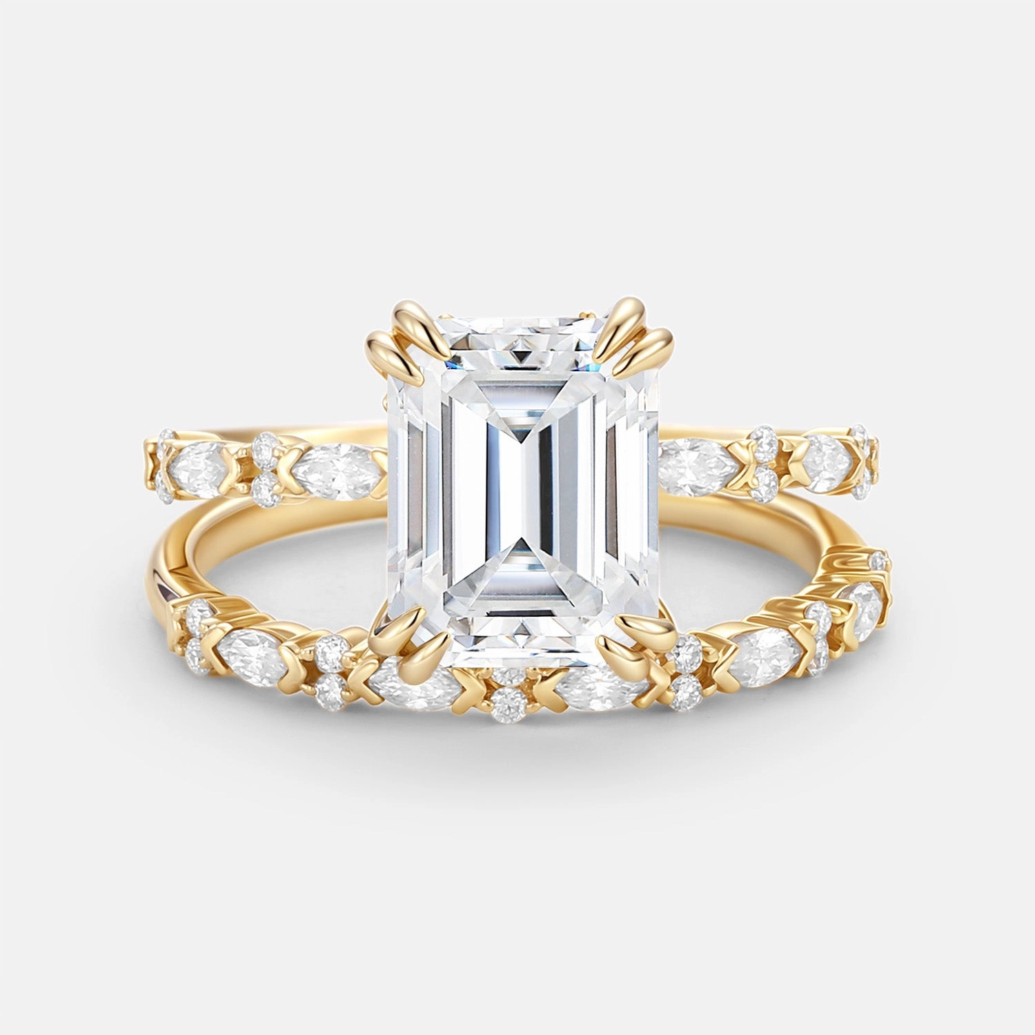 Statement Touch Emerald Cut Lab Emerald Classic Gold Ring Set 2pcs