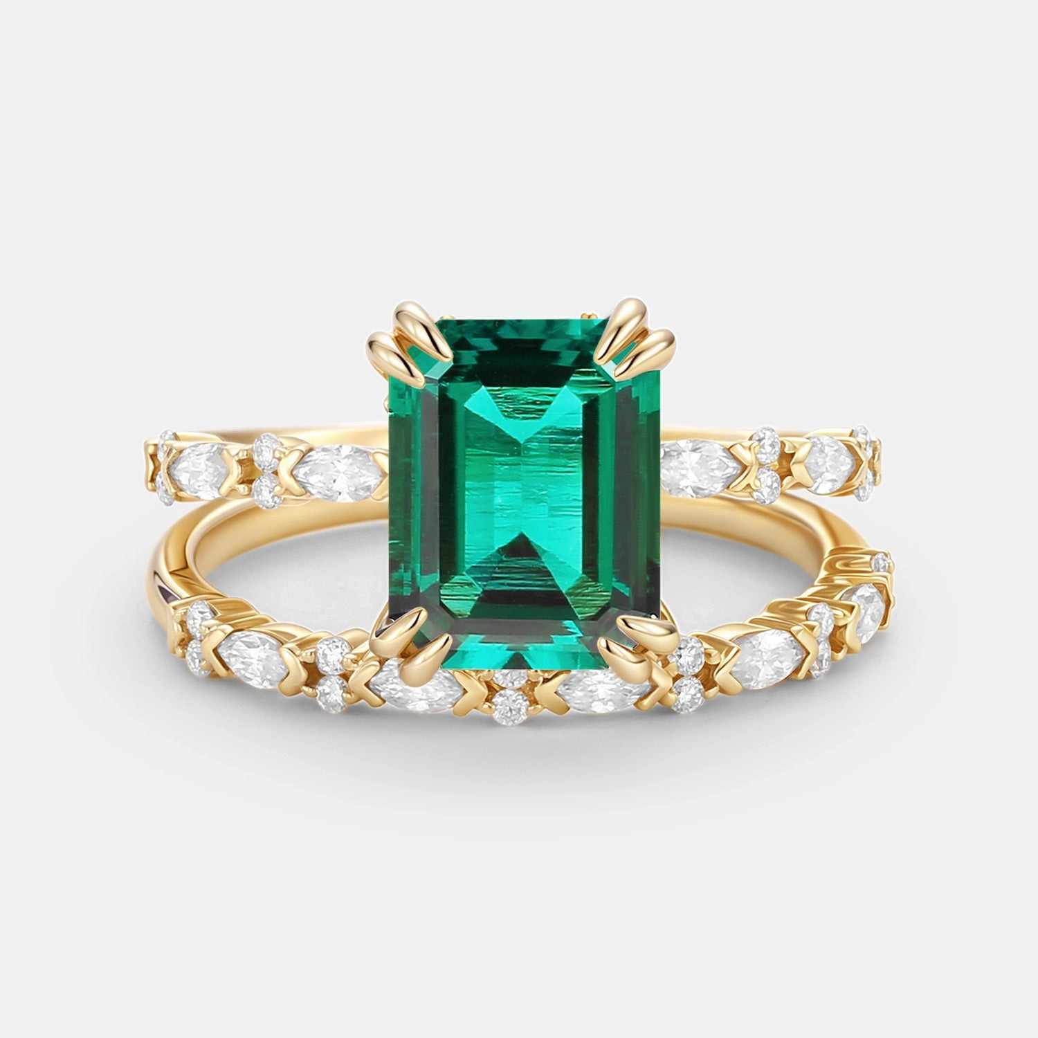 Casual Detail Emerald Cut Lab Emerald Classic Gold Ring Set 2pcs