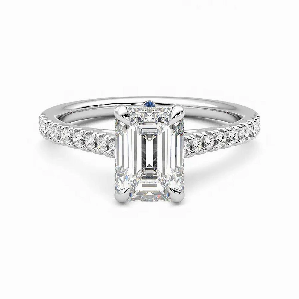 Emerald Cut Moissanite Engagement Ring with Hidden Anniversary Stone and Pav?? Accents Brilliant Accent Sleek Design