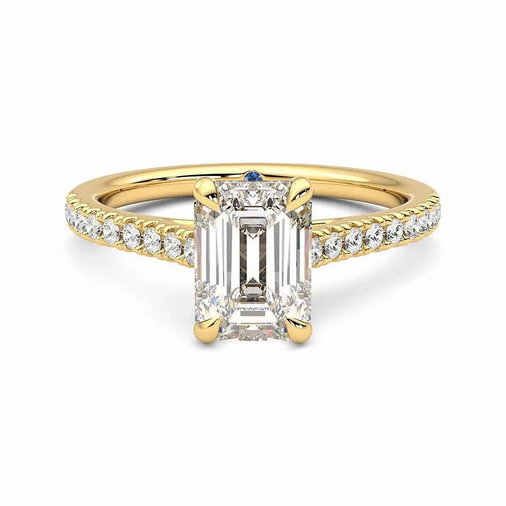 Polished Sparkle Emerald Cut Moissanite Engagement Ring with Hidden Anniversary Stone and Pav?? Accents