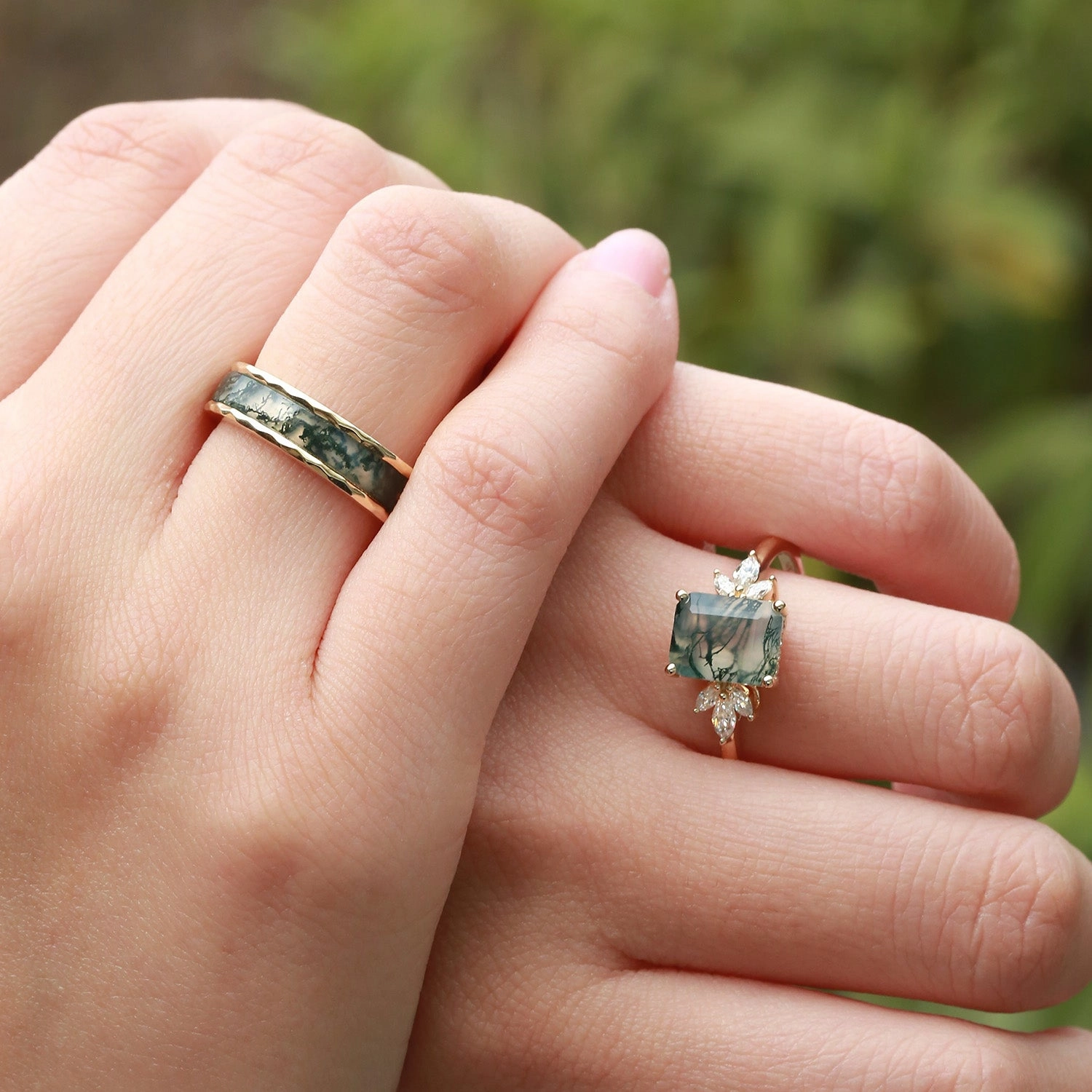 Everyday Feature Emerald Cut Moss Agate Yellow Gold Couple Ring Set 2pcs