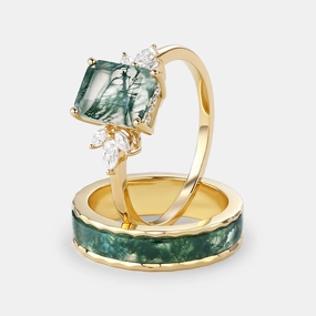 Emerald Cut Moss Agate Yellow Gold Couple Ring Set 2pcs Flirty Accent