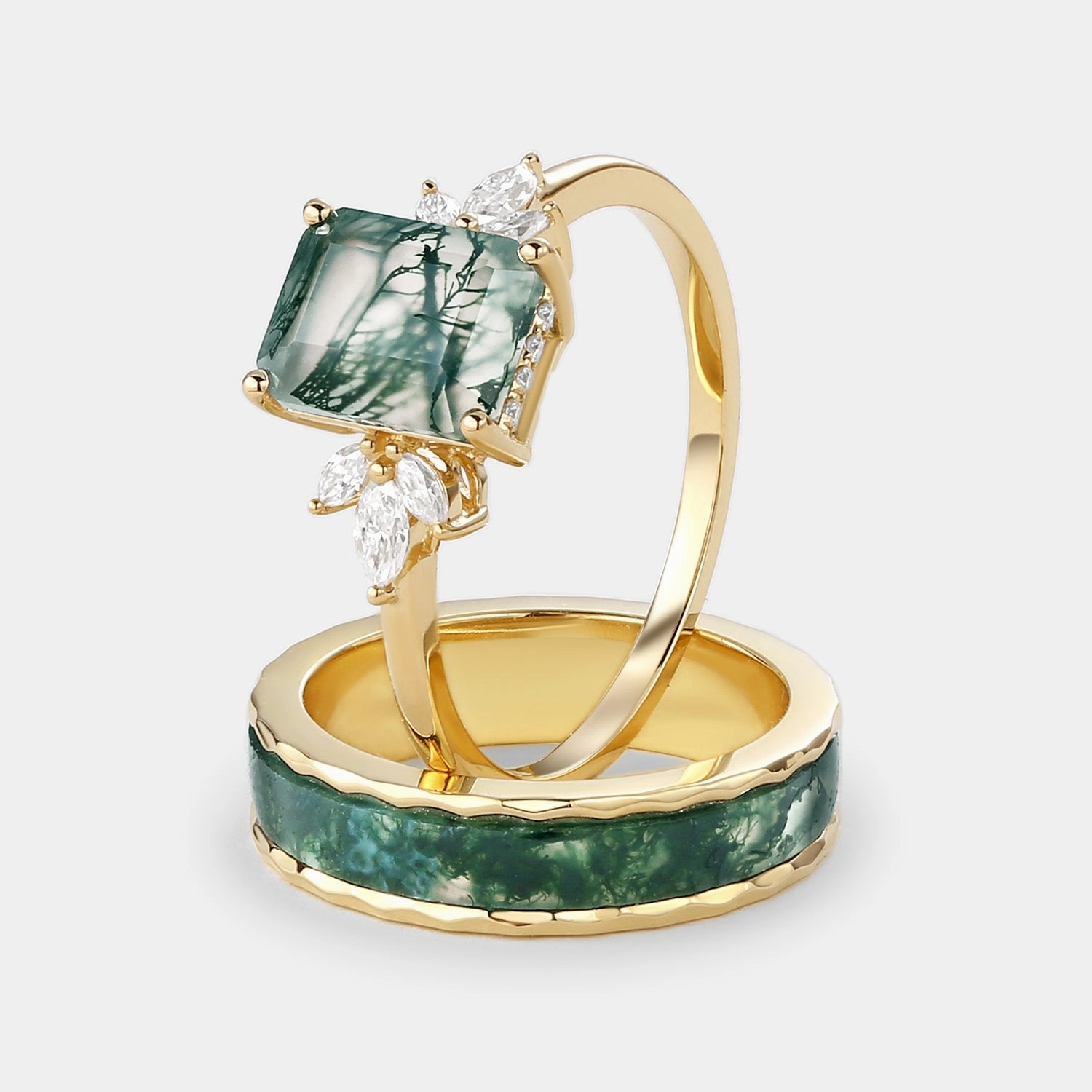 Emerald Cut Moss Agate Yellow Gold Couple Ring Set 2pcs Flirty Accent