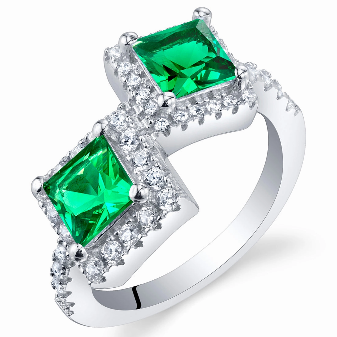 Beautiful Trinket Emerald Two-Stone Ring Sterling Silver Princess Cut 1 Carat Size 5