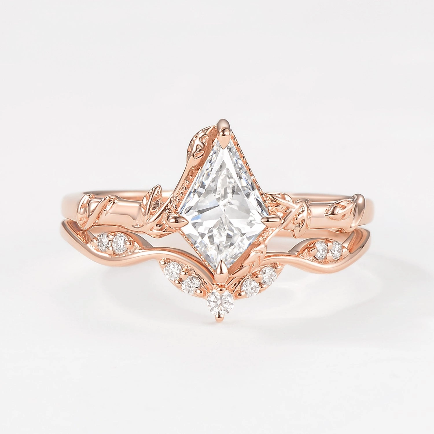 Natural Finish Modern Twist Unique Leafy Kite Lab Grown Diamond Engagement Ring Set 2pcs