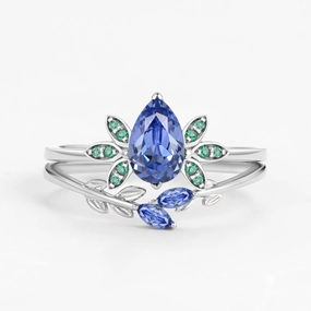 Pear Cut Lab Cornflower Blue Sapphire Leafy Ring Set 2pcs Elegant Choice