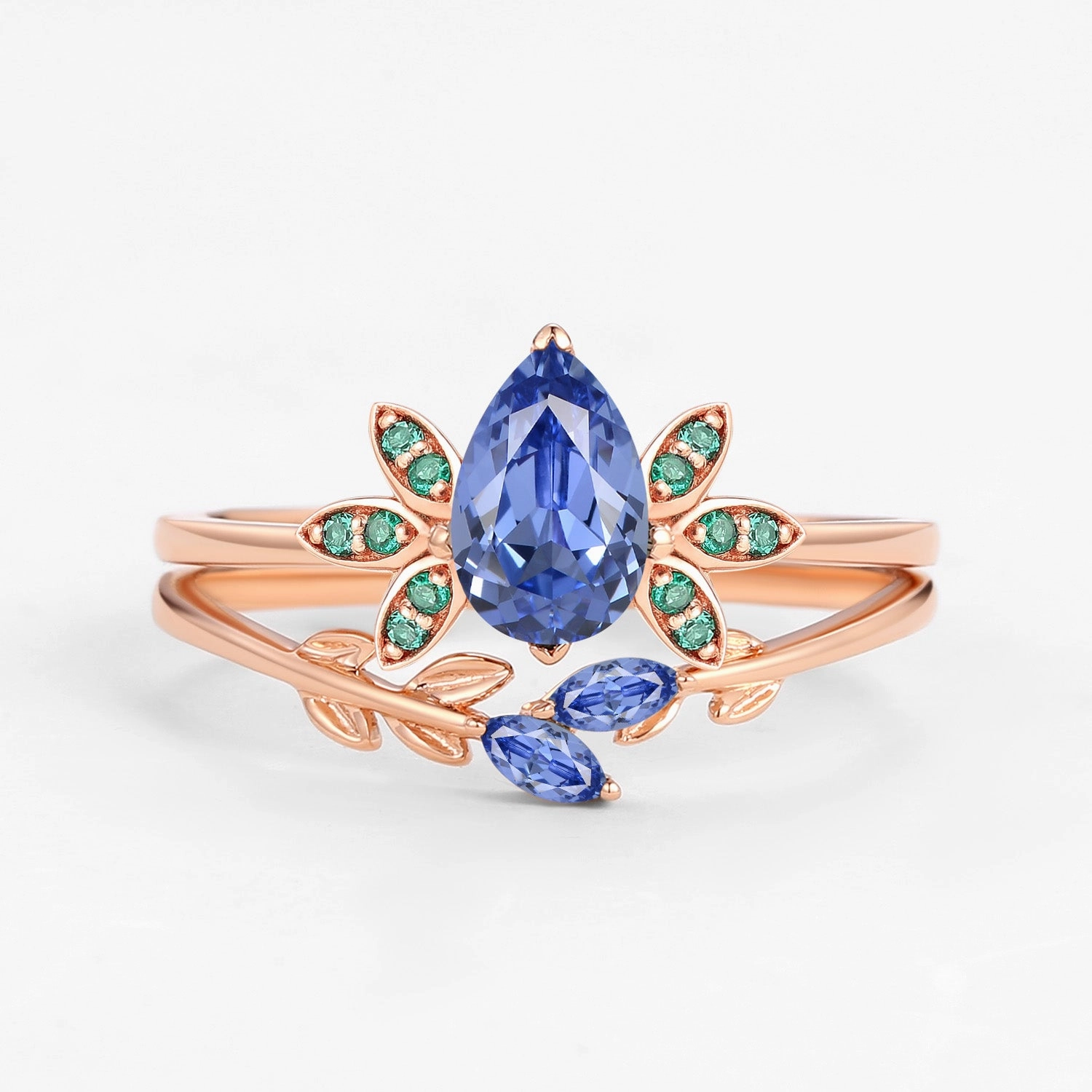 Pear Cut Lab Cornflower Blue Sapphire Leafy Ring Set 2pcs Beach Vibes