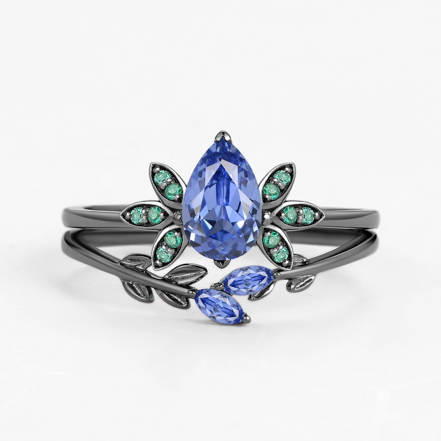 Pear Cut Lab Cornflower Blue Sapphire Leafy Ring Set 2pcs Bold piece Versatile Style