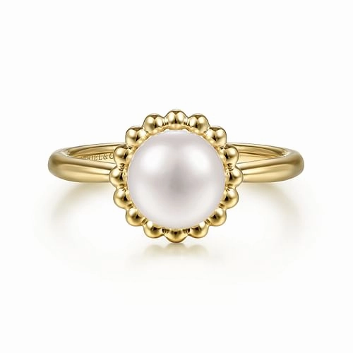 14K Yellow Gold Pearl Ring with Bujukan Beaded Halo Protective Coating