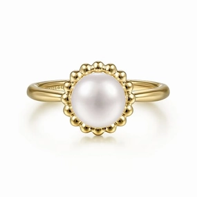14K Yellow Gold Pearl Ring with Bujukan Beaded Halo Protective Coating
