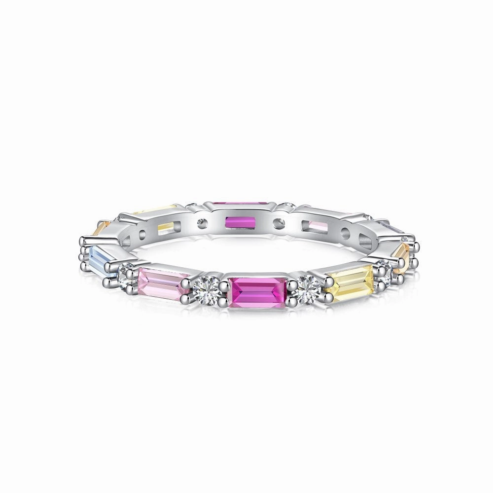 Simple Creation Value Statement Sterling Silver Multicolor Baguette CZ Eternity Ring - Rainbow Gemstones