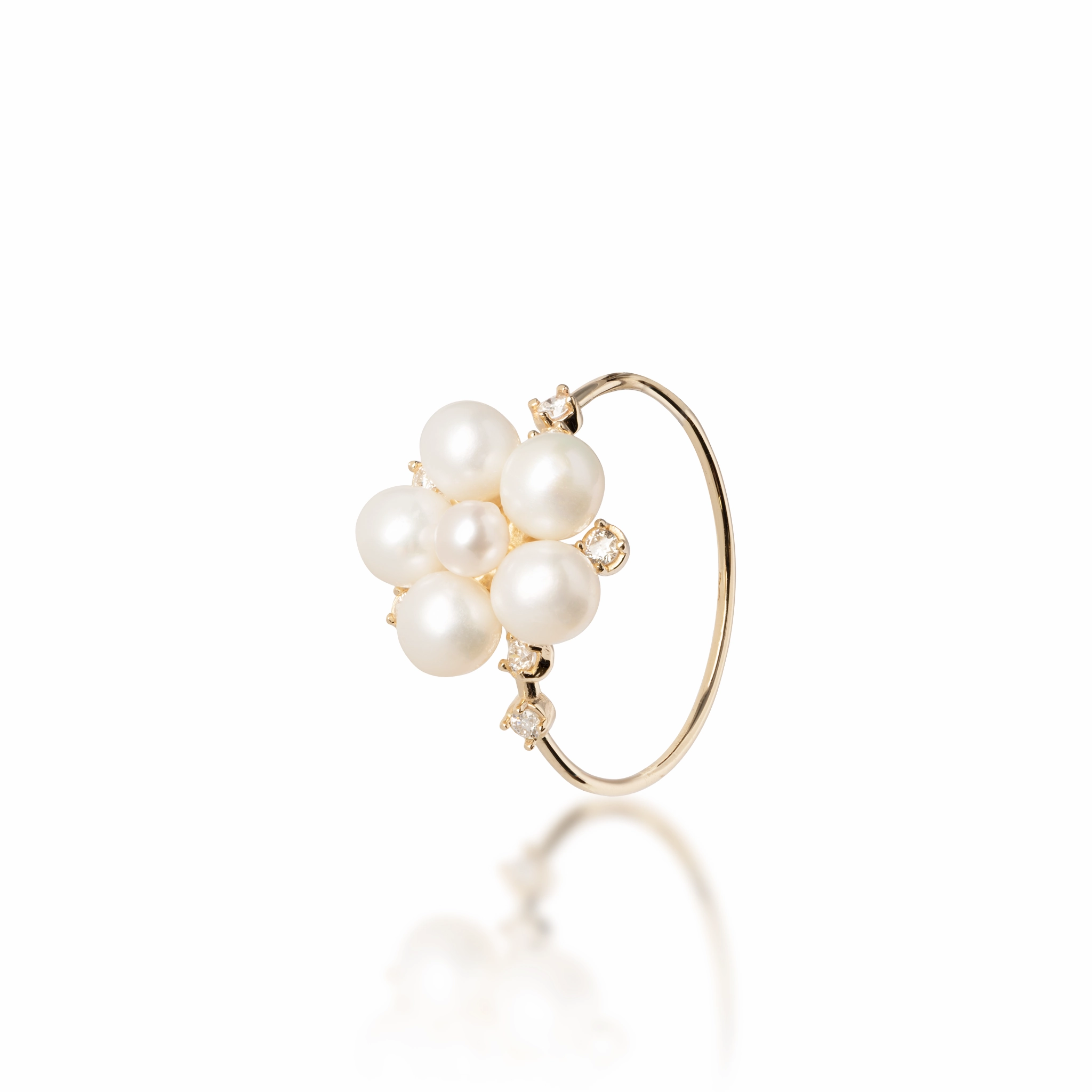 Lightweight Build Tiny Bubbles Freshwater White Pearl Ring in Gold with Diamonds