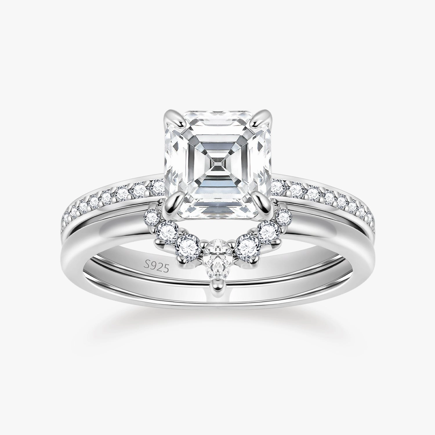 Sweet Spark 2CT 925 Sterling Silver Asscher Cut Crown Cubic Zirconia Ring Set