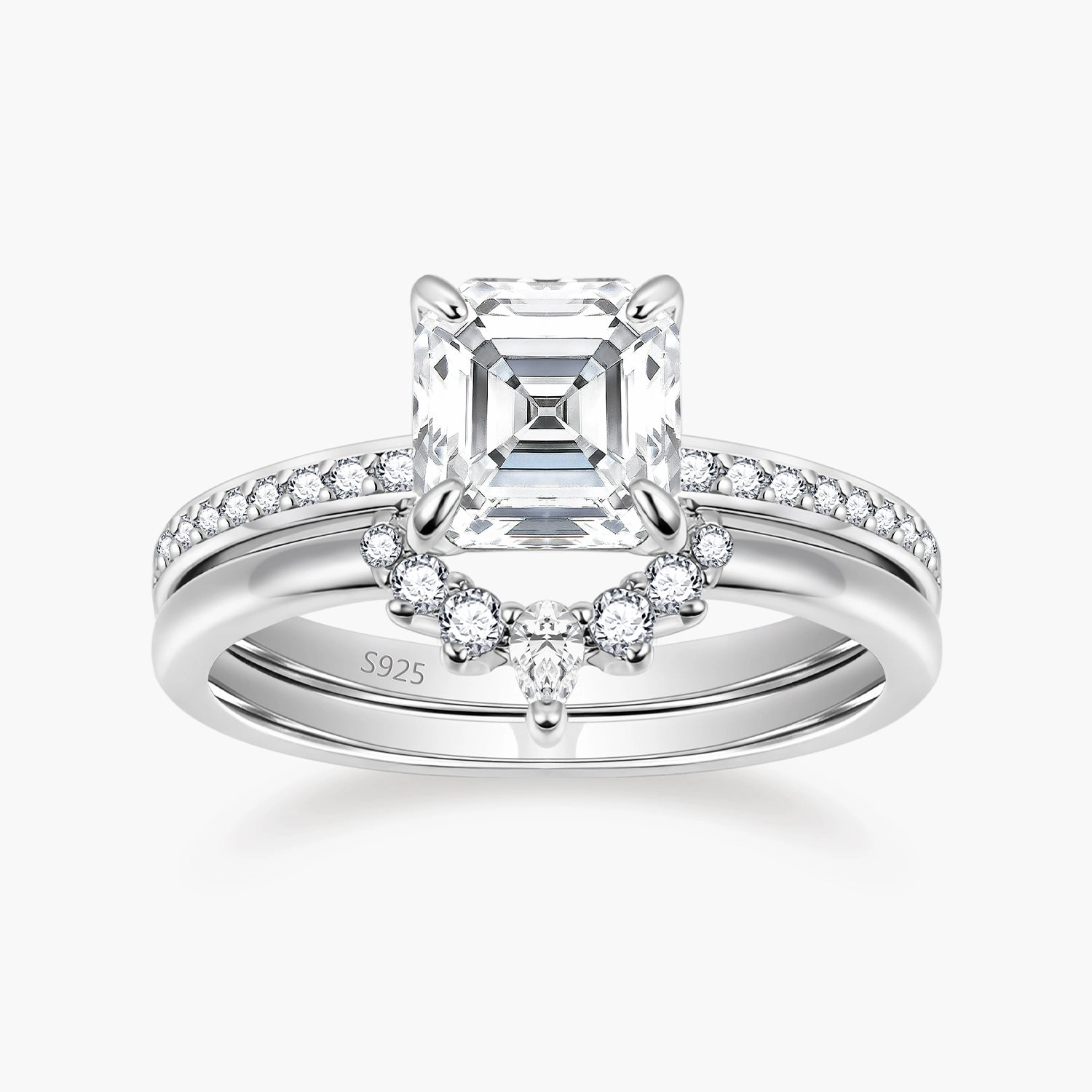 2CT 925 Sterling Silver Asscher Cut Crown Cubic Zirconia Ring Set Sophisticated Shape