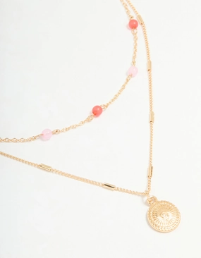 Gold Red & Pink Beaded & Pendant Layered Necklace Dazzling Feature Unique Gem